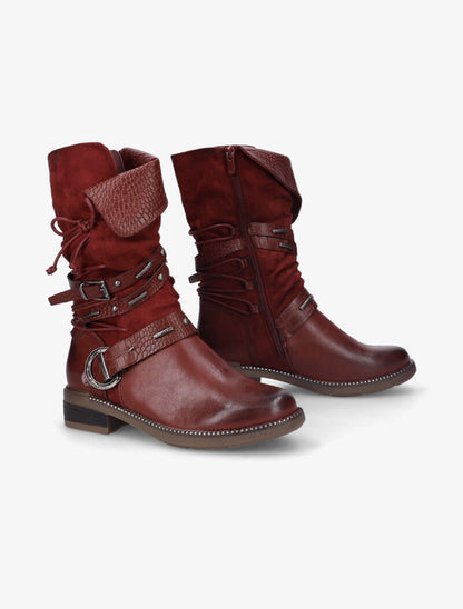 Bottes bi-matière à brides à boucle cloutées effet croco - Bordeaux - 1
