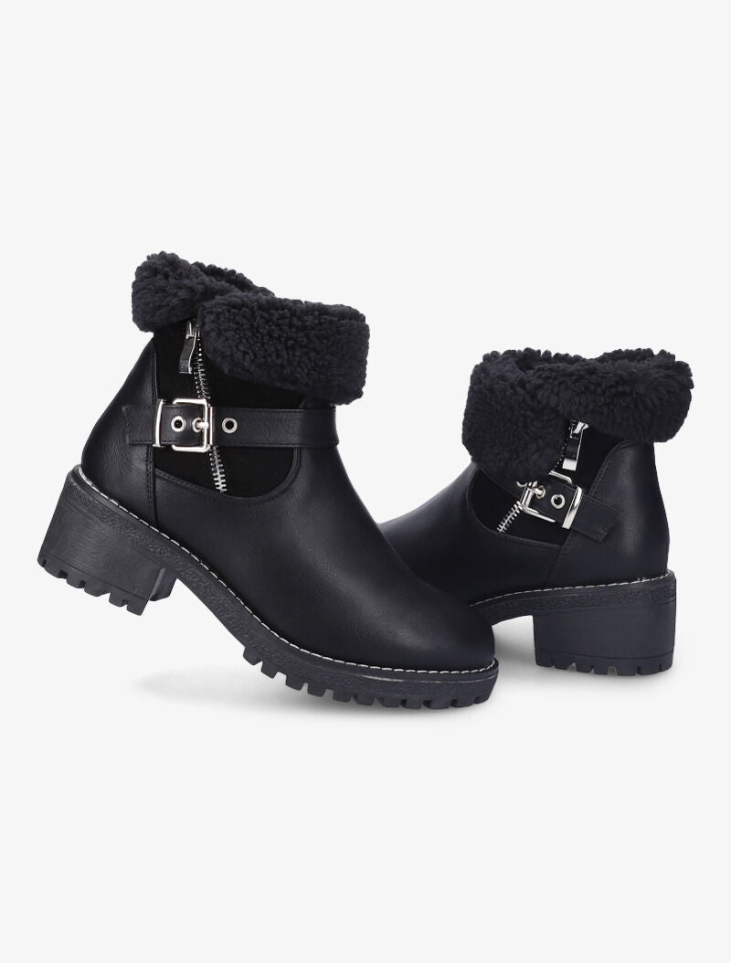 Bottines fourrées style motard bi-matière - Noir - 4