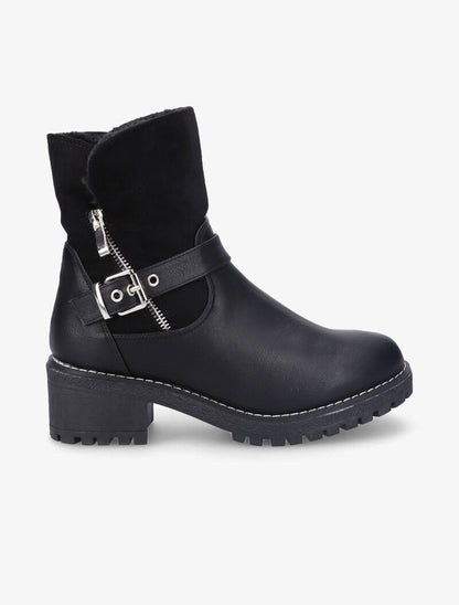 Bottines fourrées style motard bi-matière - Noir - 5
