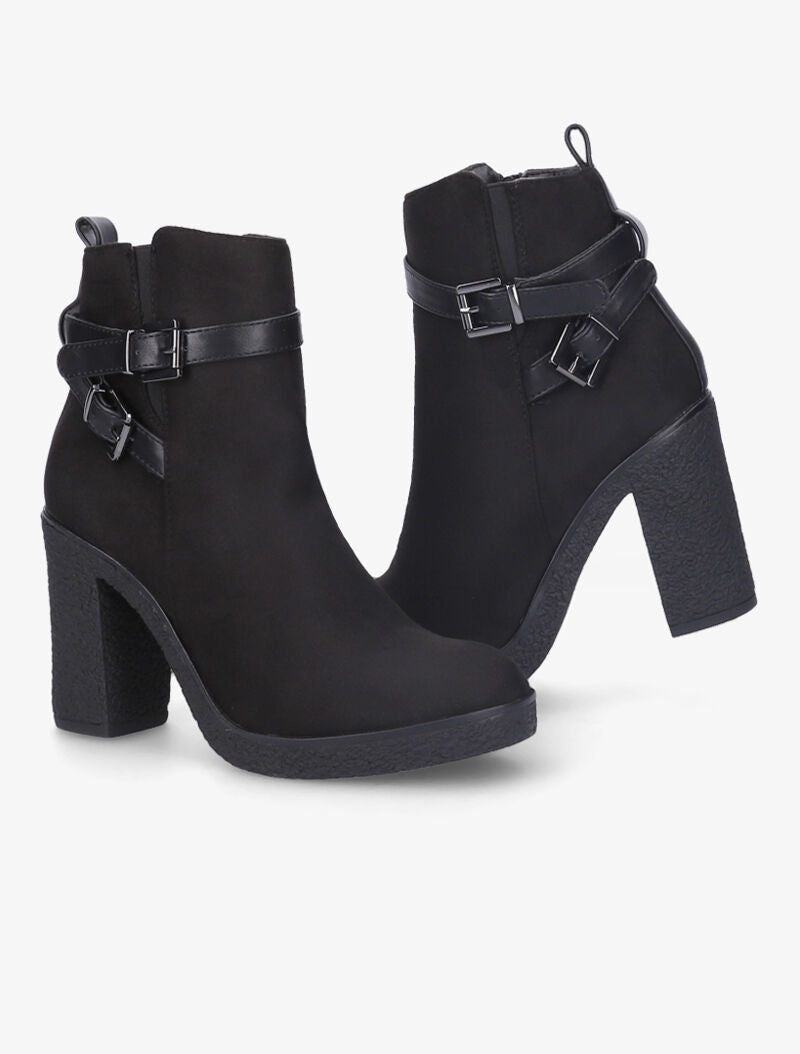Bottines suédées à talon haut et brides à boucles stylisées - Noir - 1