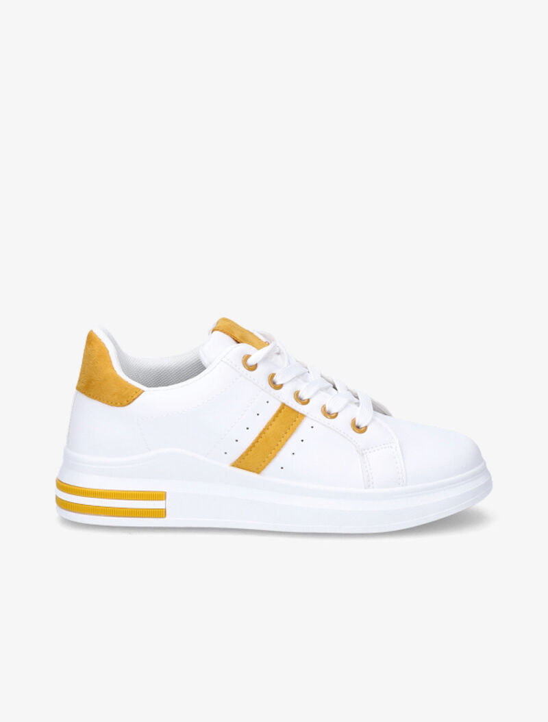 Sneakers simili à détails suédés - Blanc/moutarde - 6