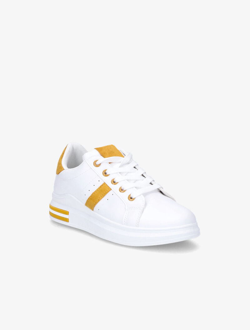 Sneakers simili à détails suédés - Blanc/moutarde - 2