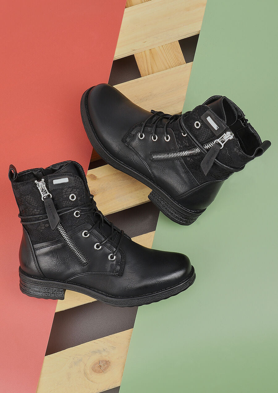 Bottines lacées à détail dentelle - Noir - 1