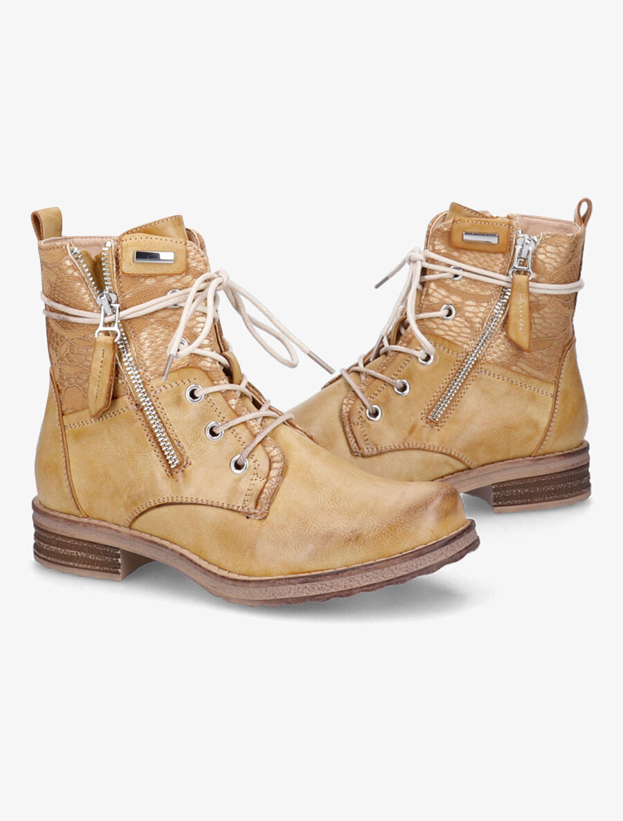 Bottines lacées à détail dentelle - Moutarde - 4