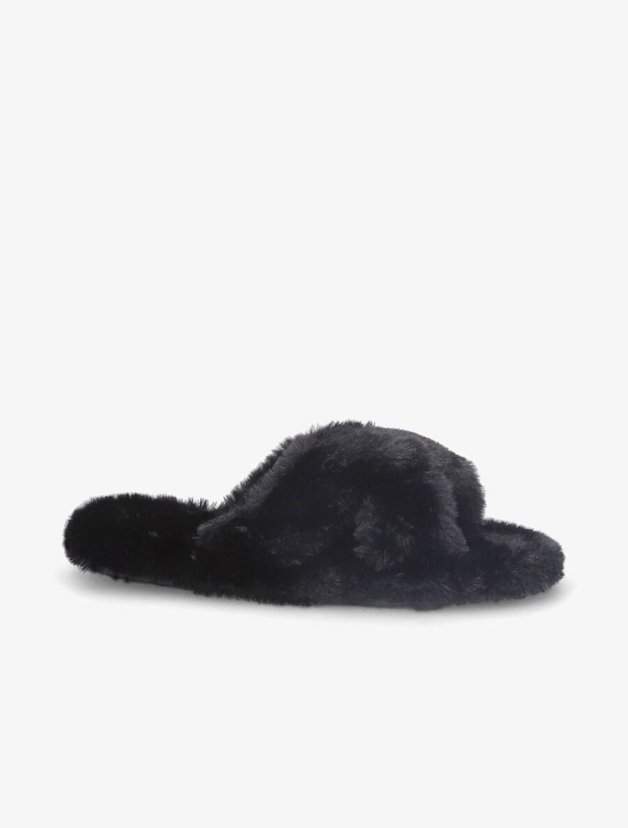 Claquettes à ganses croisées en fourrure synthétique - Noir - 1