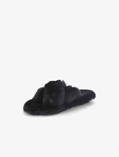 Claquettes à ganses croisées en fourrure synthétique - Noir - 3