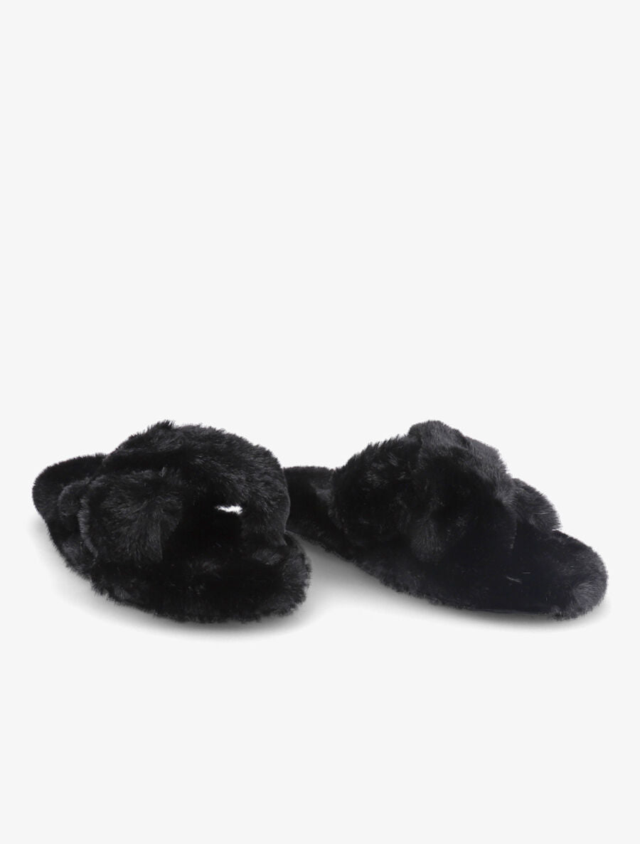 Claquettes à ganses croisées en fourrure synthétique - Noir - 4
