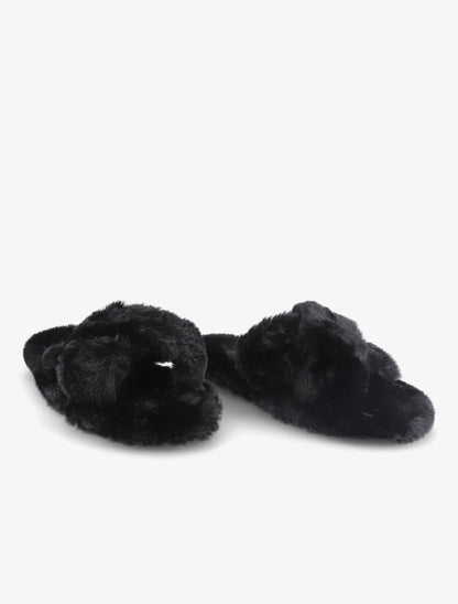 Claquettes à ganses croisées en fourrure synthétique - Noir - 4