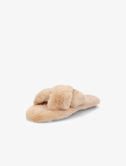 Claquettes à ganses croisées en fourrure synthétique - Camel - 3