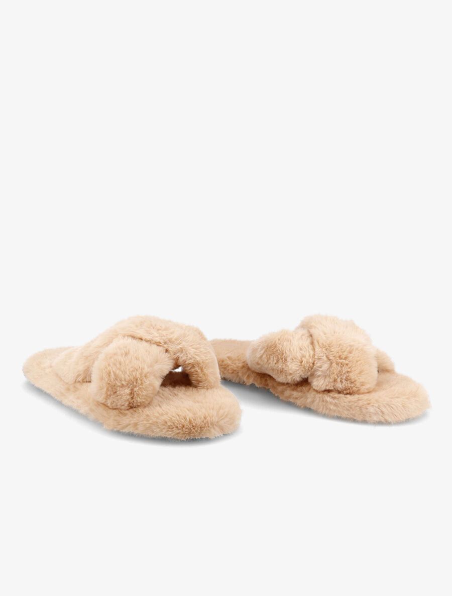 Claquettes à ganses croisées en fourrure synthétique - Camel - 4