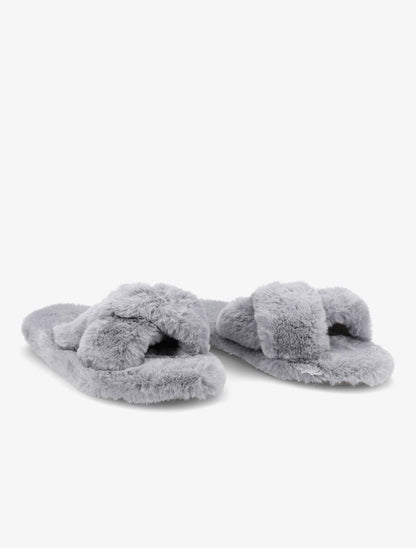 Claquettes à ganses croisées en fourrure synthétique - Gris - 4