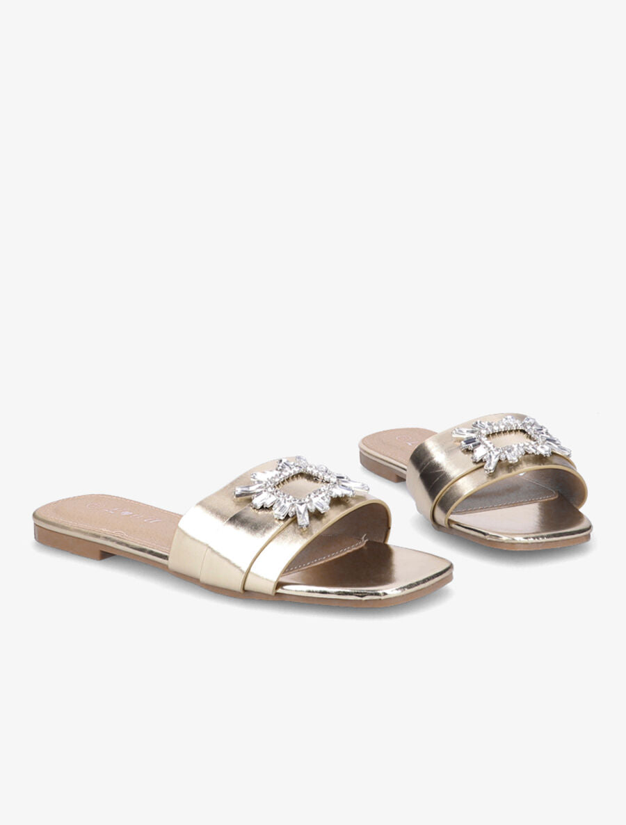 Mules plates à boucles bijoux et strass - Or - 4