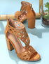 Sandales en suédine à talons ajourées et à strass - Camel - 1
