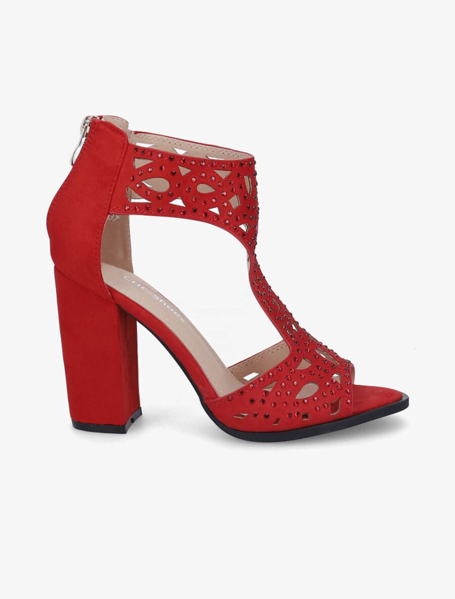 Sandales en suédine à talons ajourées et à strass - Rouge - 1
