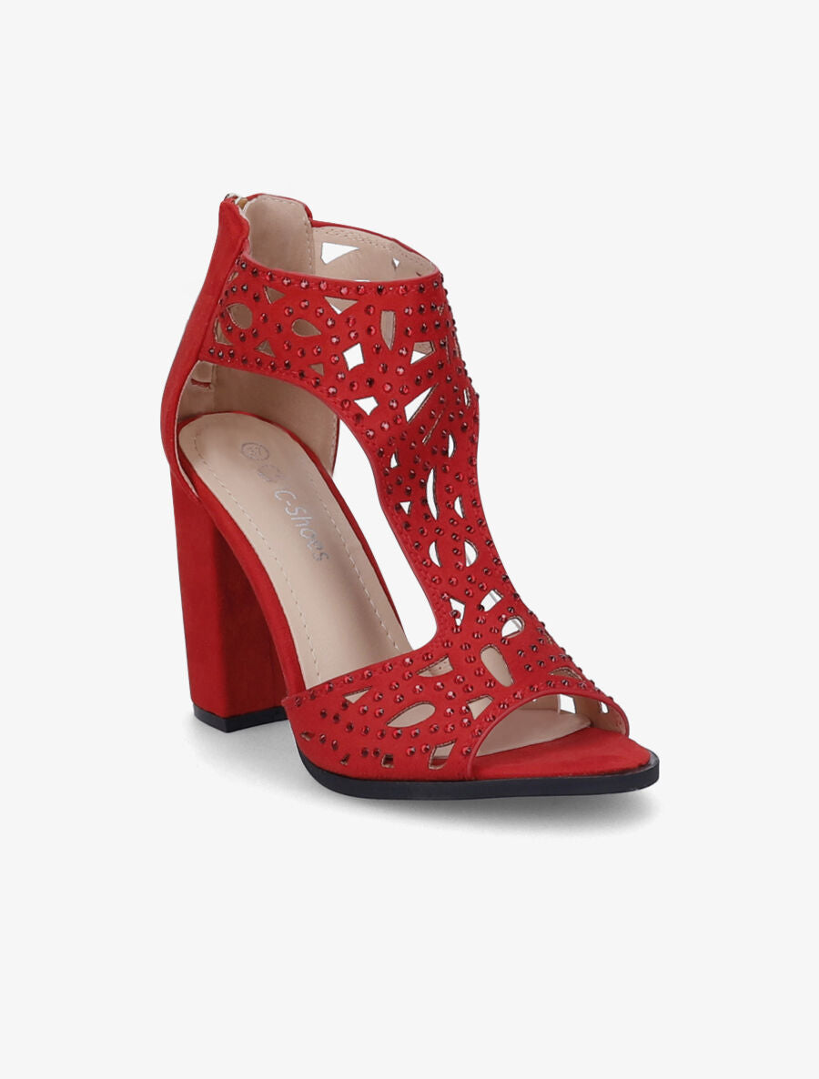Sandales en suédine à talons ajourées et à strass - Rouge - 2