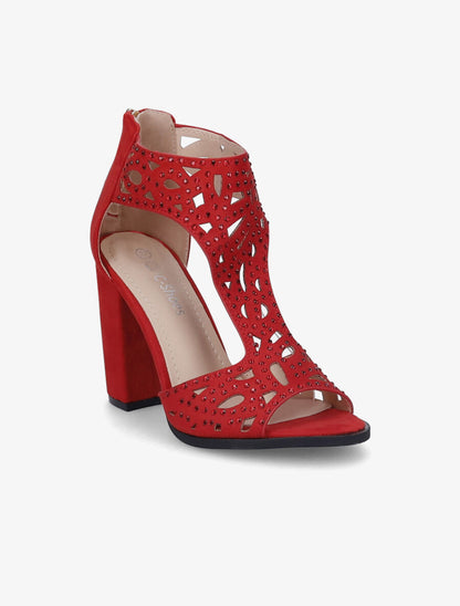 Sandales en suédine à talons ajourées et à strass - Rouge - 2