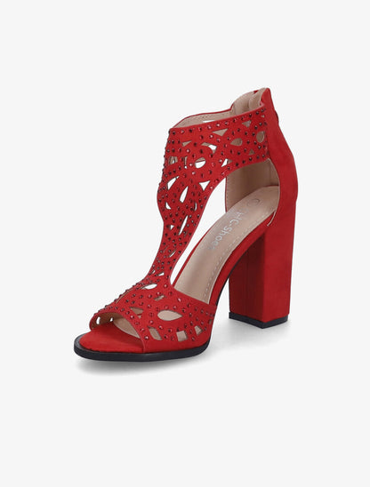 Sandales en suédine à talons ajourées et à strass - Rouge - 3