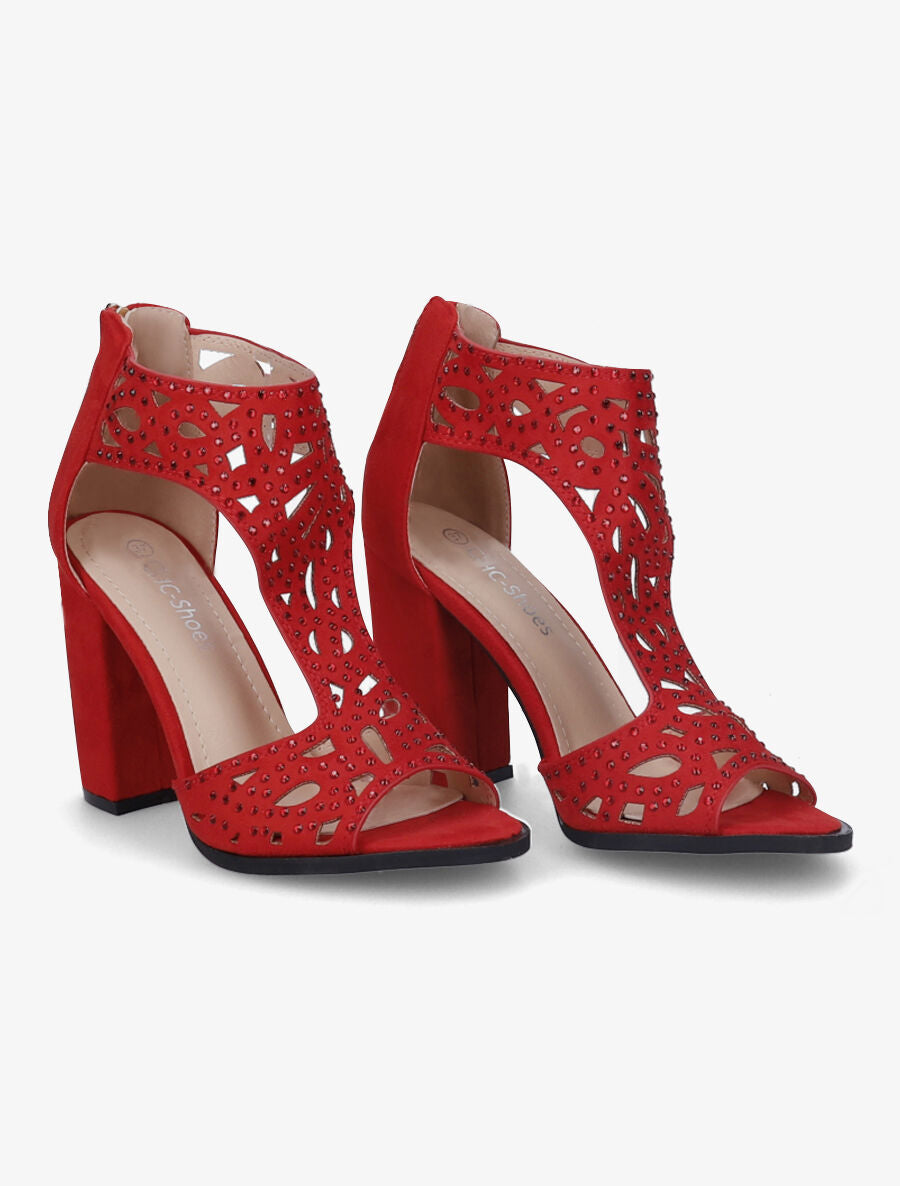 Sandales en suédine à talons ajourées et à strass - Rouge - 4