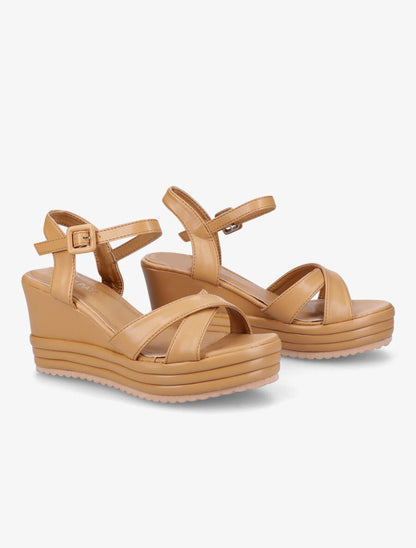 Sandales compensées en simili à plateforme - Camel - 4
