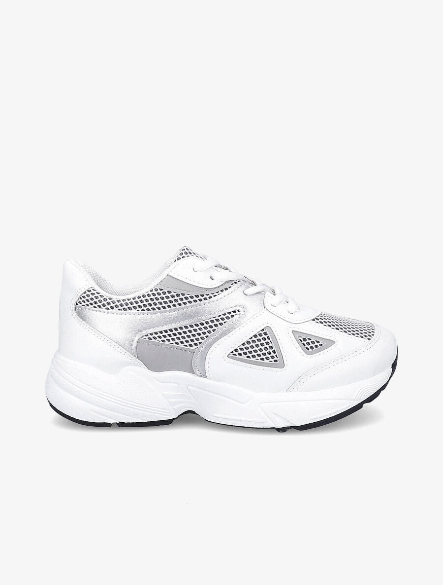 Running en simili et tissu semelles stylisées - Blanc/argent - 5