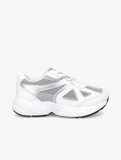 Running en simili et tissu semelles stylisées - Blanc/argent - 5