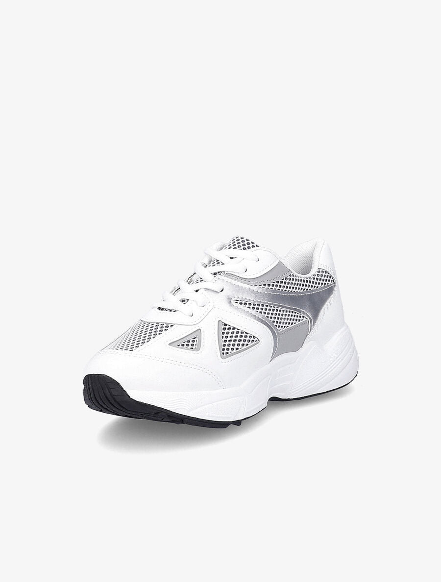 Running en simili et tissu semelles stylisées - Blanc/argent - 3