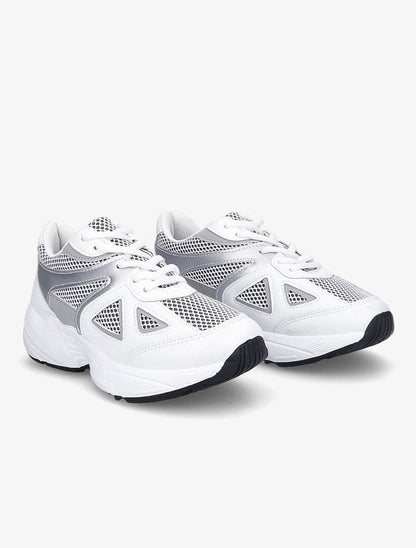 Running en simili et tissu semelles stylisées - Blanc/argent - 4