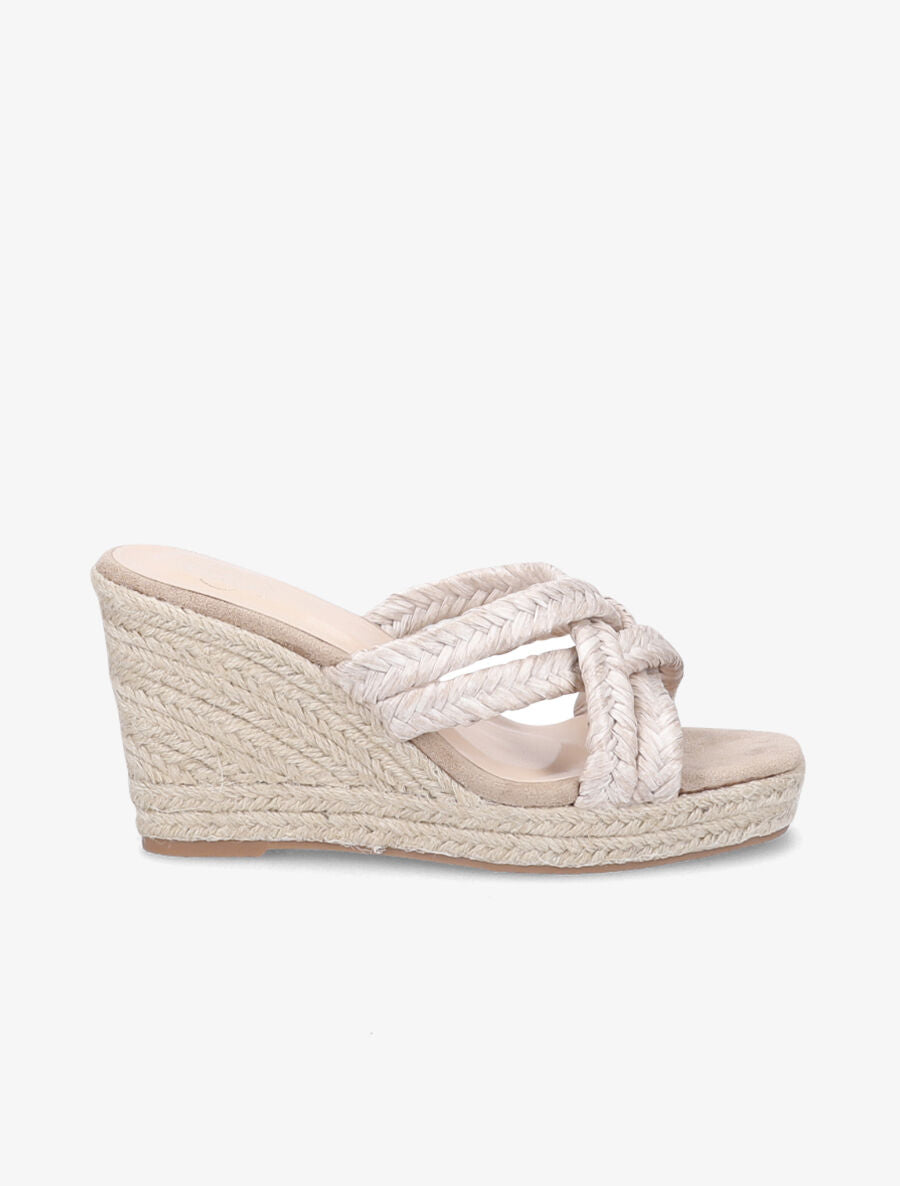 Mules à talons compensés en raphia - Beige - 1