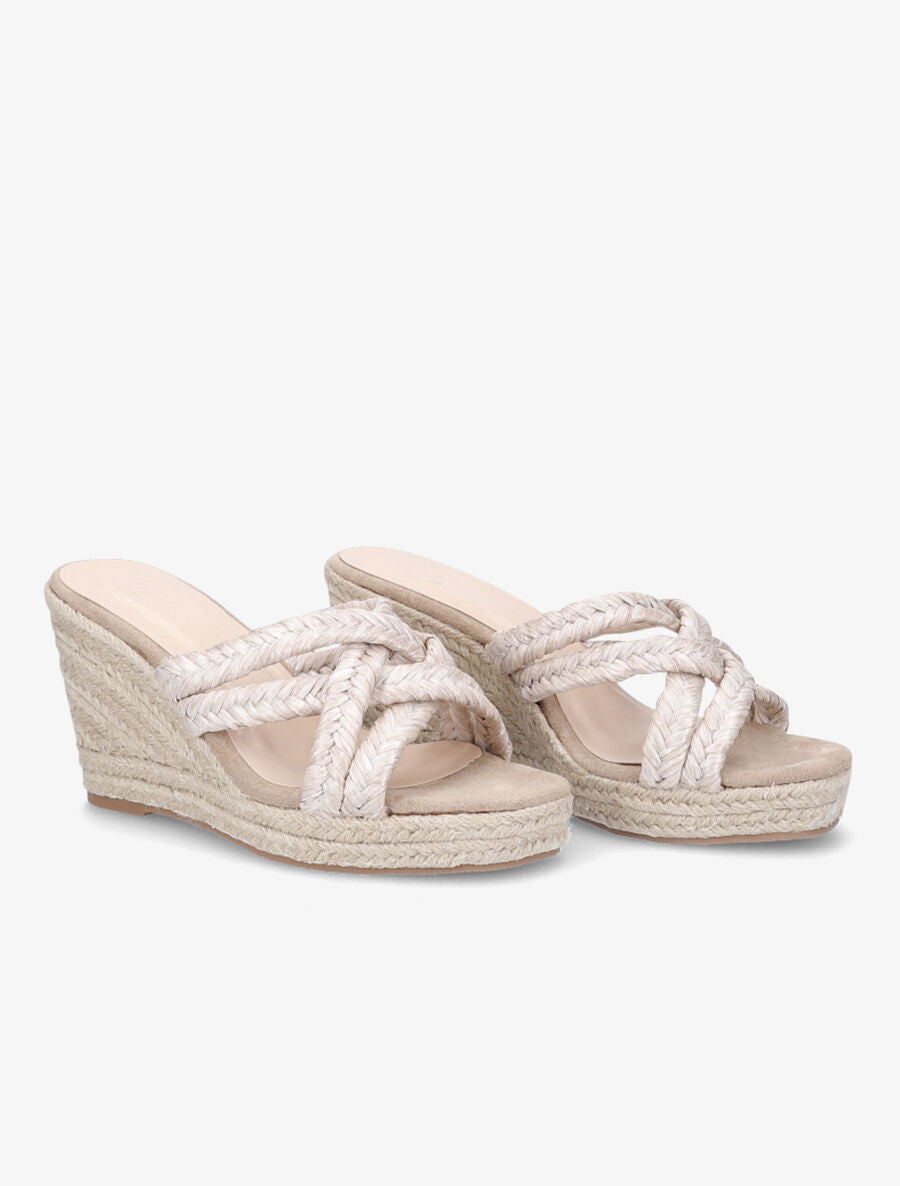 Mules à talons compensés en raphia - Beige - 4