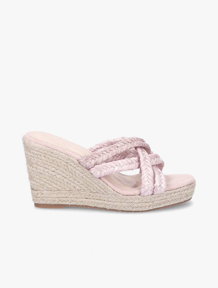 Mules à talons compensés en raphia - Rose - 5