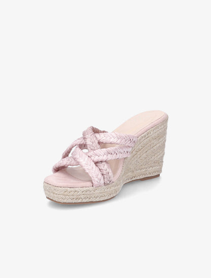 Mules à talons compensés en raphia - Rose - 3