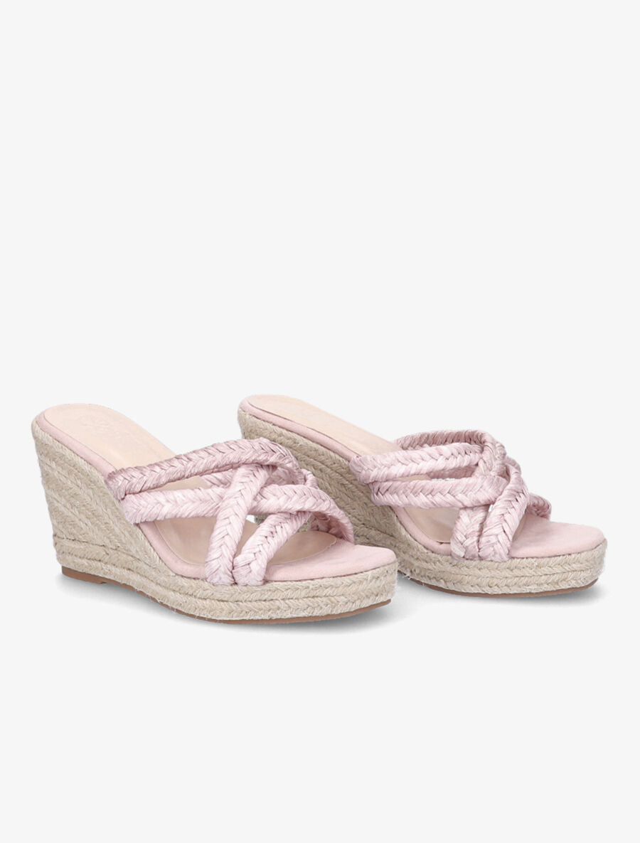 Mules à talons compensés en raphia - Rose - 4