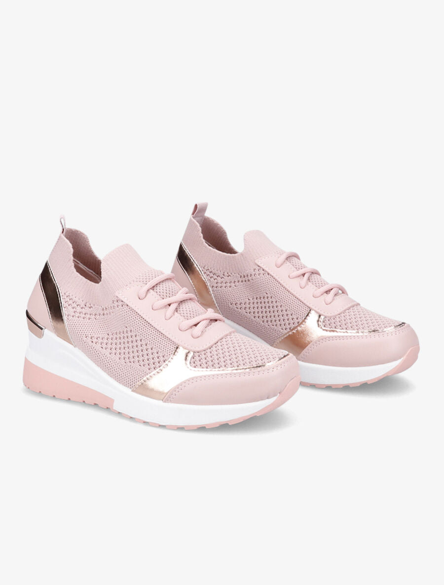 Baskets compensées en simili et mesh - Rose - 4
