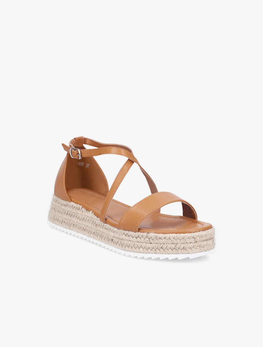 Nu-pieds en simili à plateforme en raphia - Camel - 2