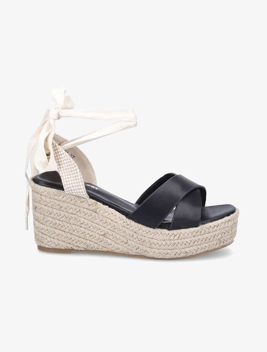 Sandales compensées en simili style espadrille - Noir - 1