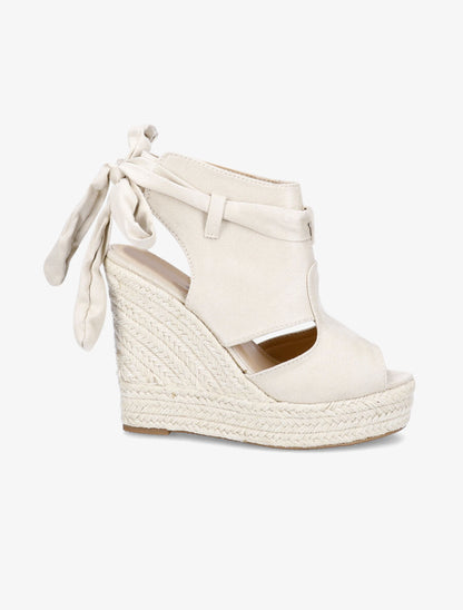 Sandales compensées en suédine à liens - Beige - 1