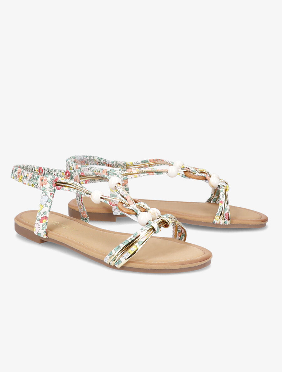 Nu-pieds à perles imprimé fleuri - Écru - 4