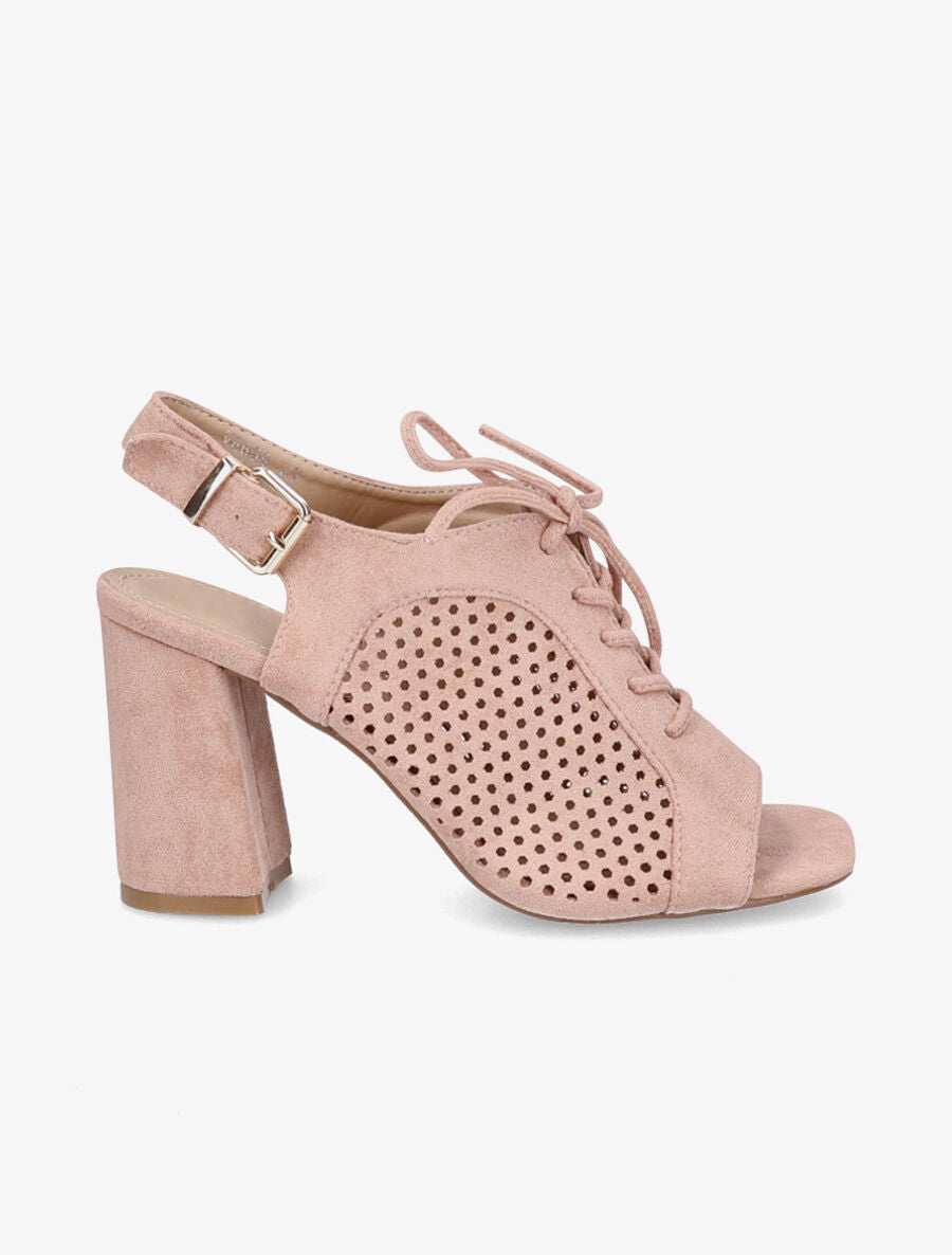 Sandales à talon en suédine ajourées et lacets - Rose - 2
