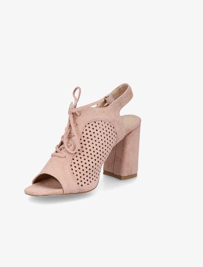 Sandales à talon en suédine ajourées et lacets - Rose - 4