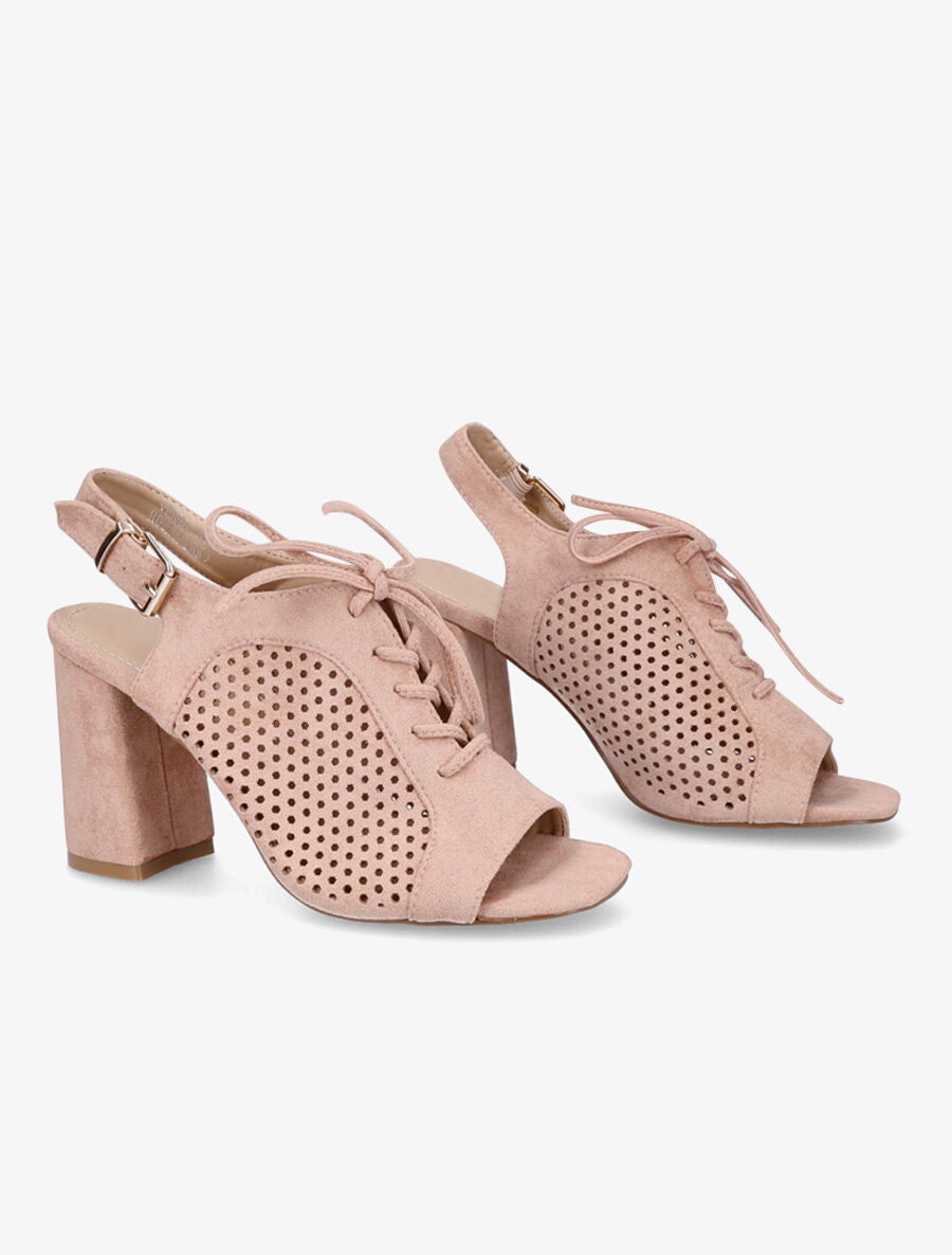 Sandales à talon en suédine ajourées et lacets - Rose - 1