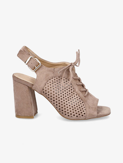 Sandales à talon en suédine ajourées et lacets - Taupe - 5