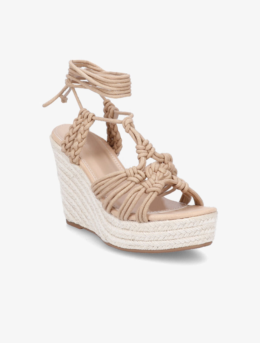 Sandales compensées en raphia et à lacets - Taupe - 2