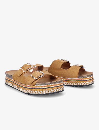 Claquettes à double brides et semelle stylisée - Camel - 4