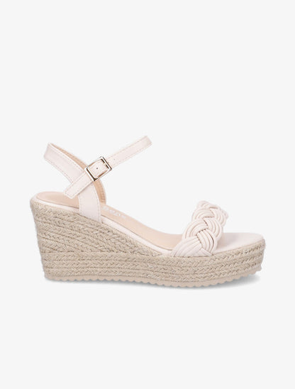 Sandales tressées à talon compensé en raphia - Beige - 5