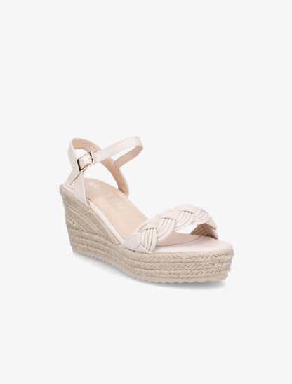 Sandales tressées à talon compensé en raphia - Beige - 2