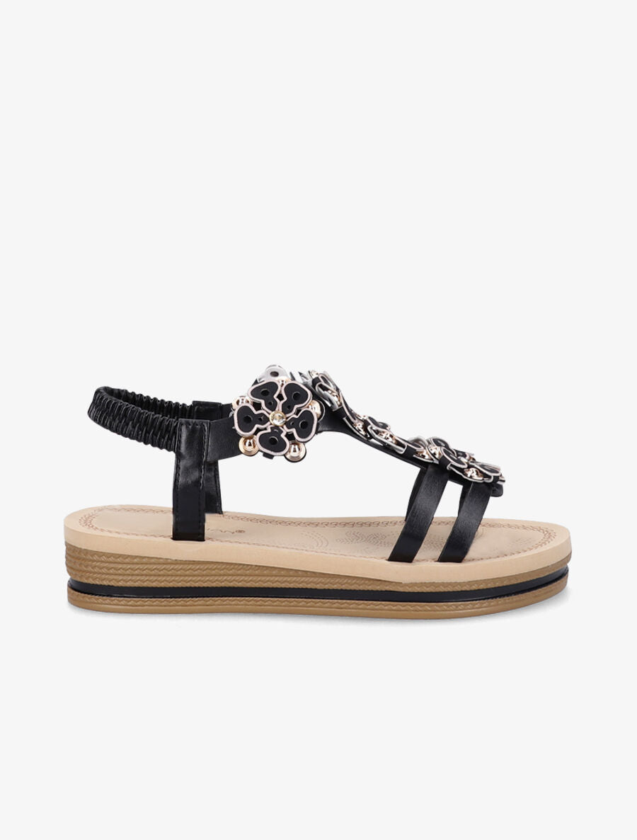 Nu-pieds à fleurs ornées de strass - Noir - 2