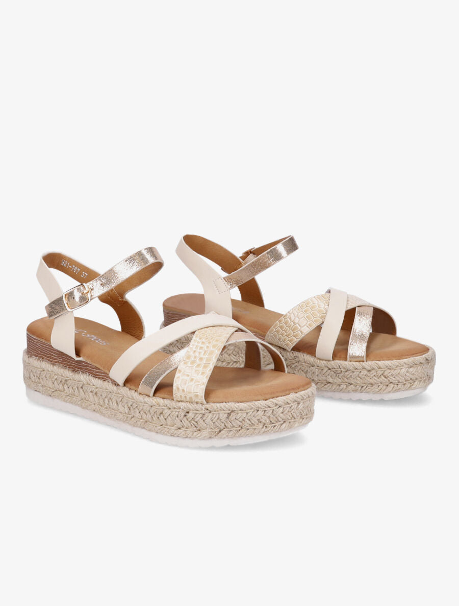 Sandales irisées à talon compensé en raphia - Beige - 4