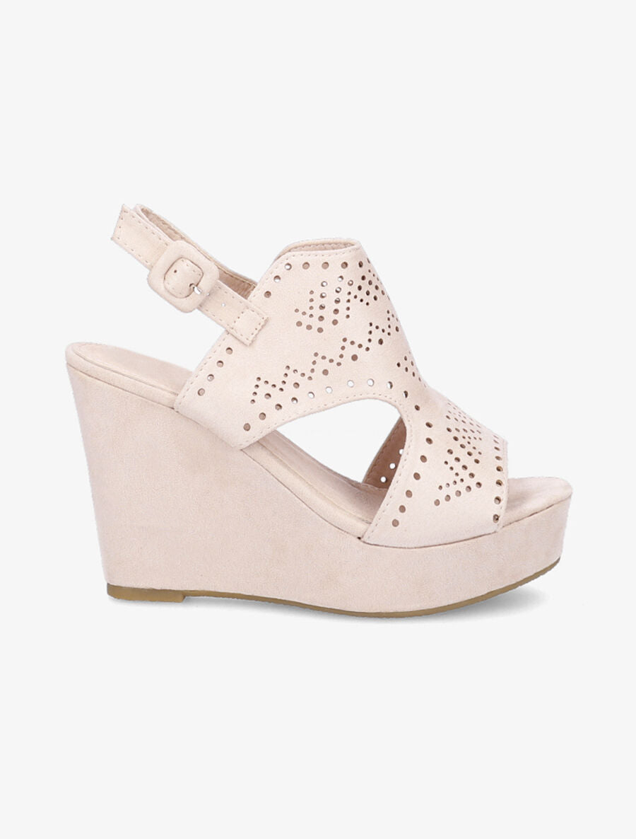 Sandales compensées à ganse perforée - Beige - 1