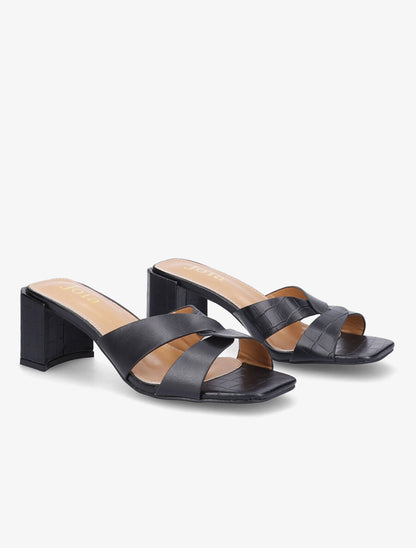 Mules effet croco à talon stylisé - Noir - 4