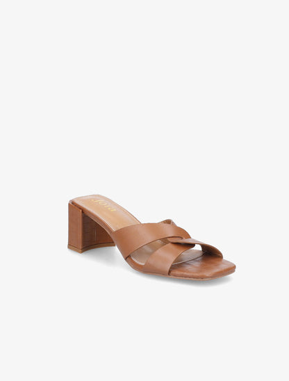 Mules effet croco à talon stylisé - Camel - 2